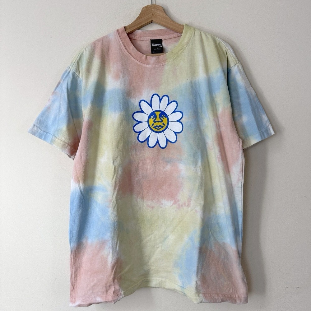 Obey Skate Skateboarding Flower Art Graphic Logo Tye Dye Tee Shirt - Large